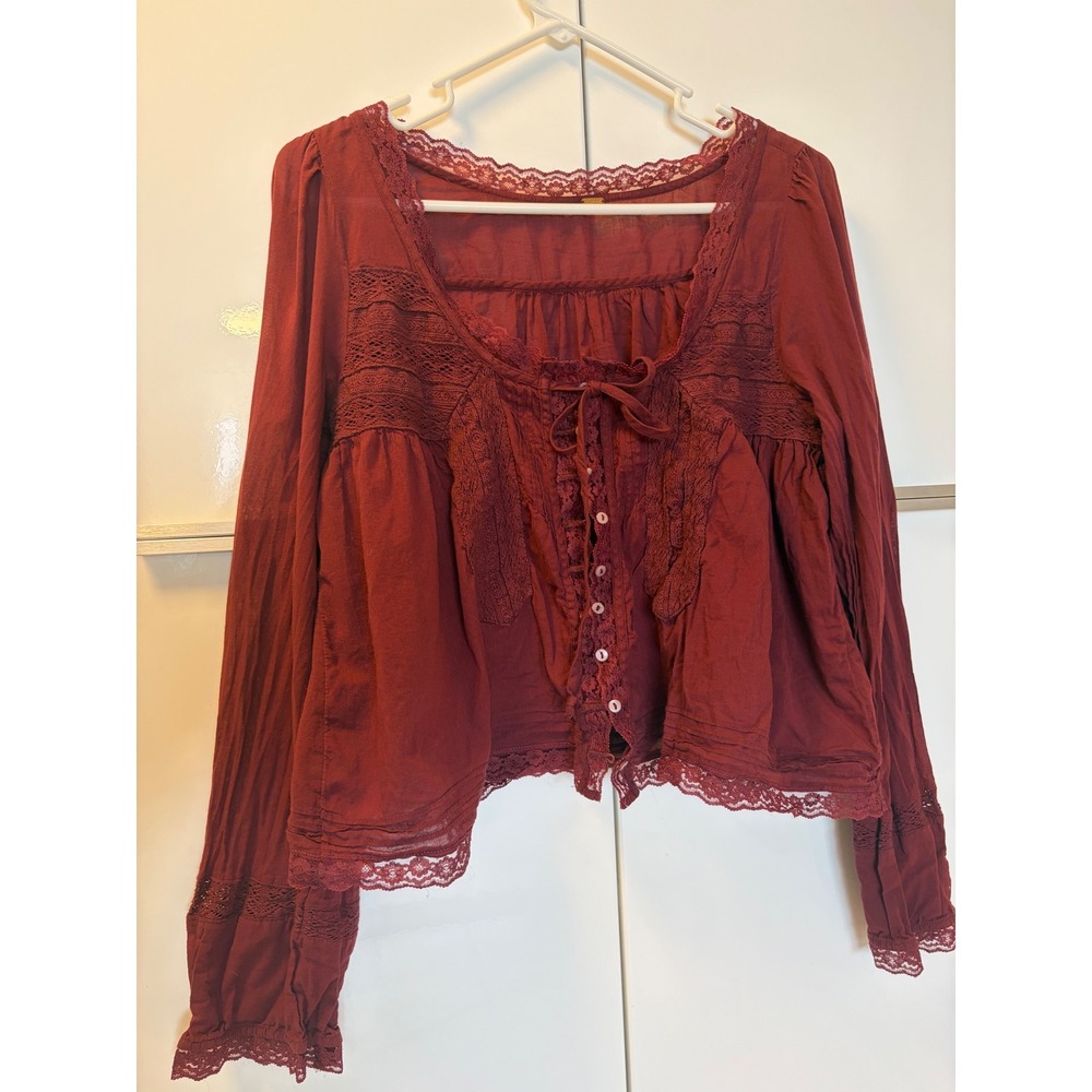 Free People Burgundy Lace Trim Pintuck Button Front Boho Blouse Top